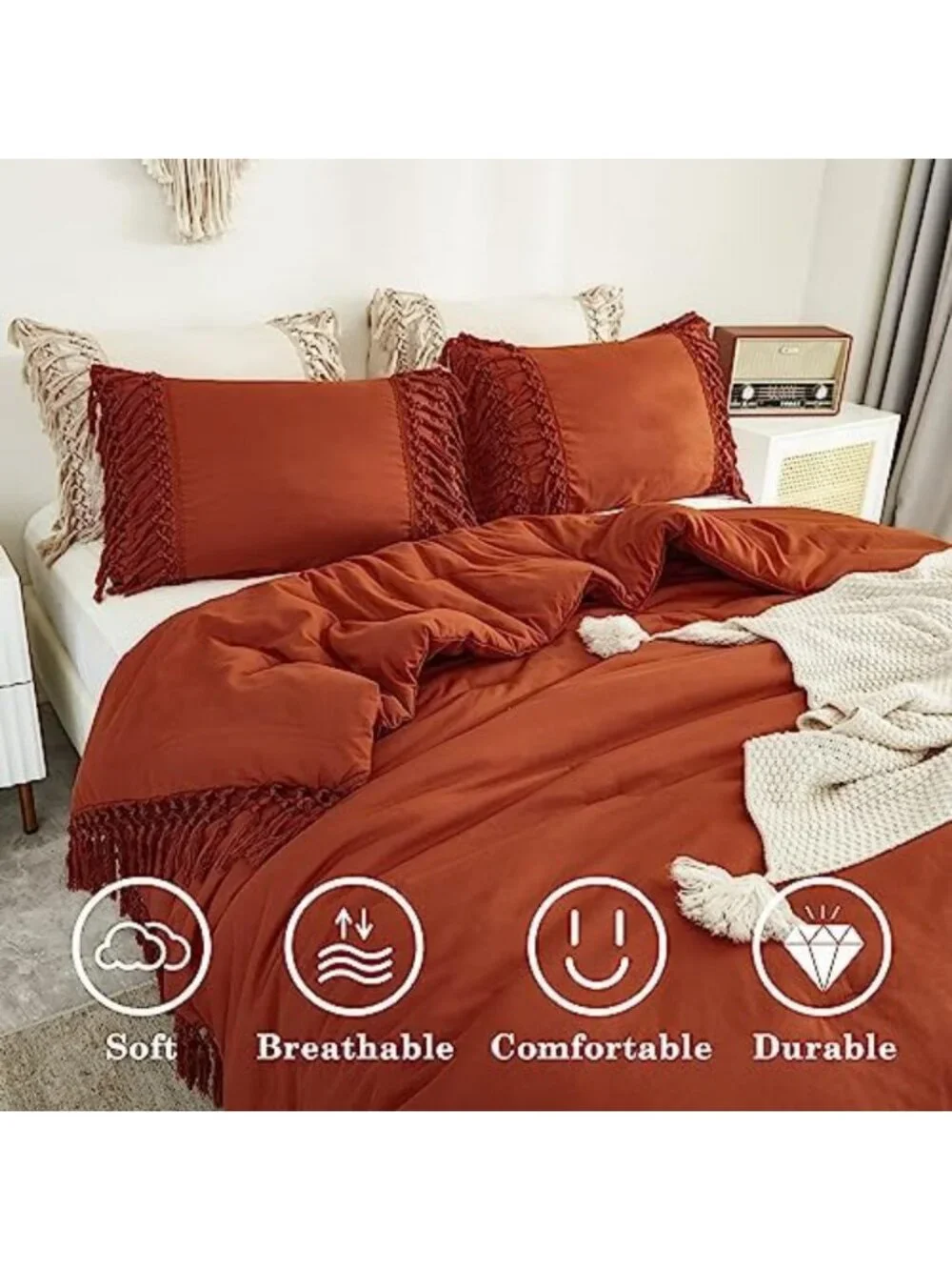 Boho Terracotta Queen Comforter Set, 3-Piece Tassel Bedding for Cozy Home Decor